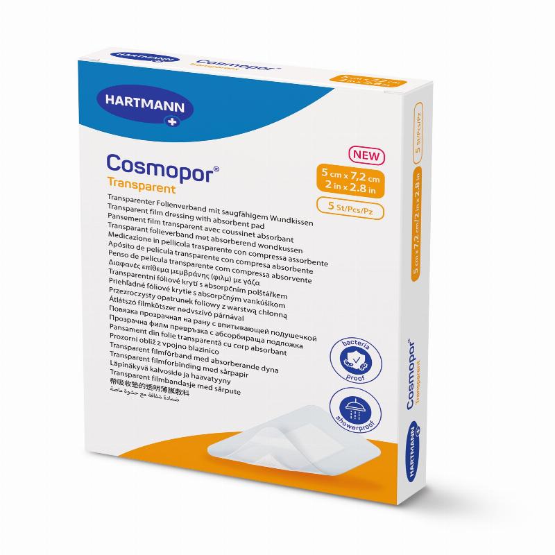 Пов'язка плівкова прозора з абсорбуючою подушечкою Cosmopor® Transparent 5см x 7,2см 5шт